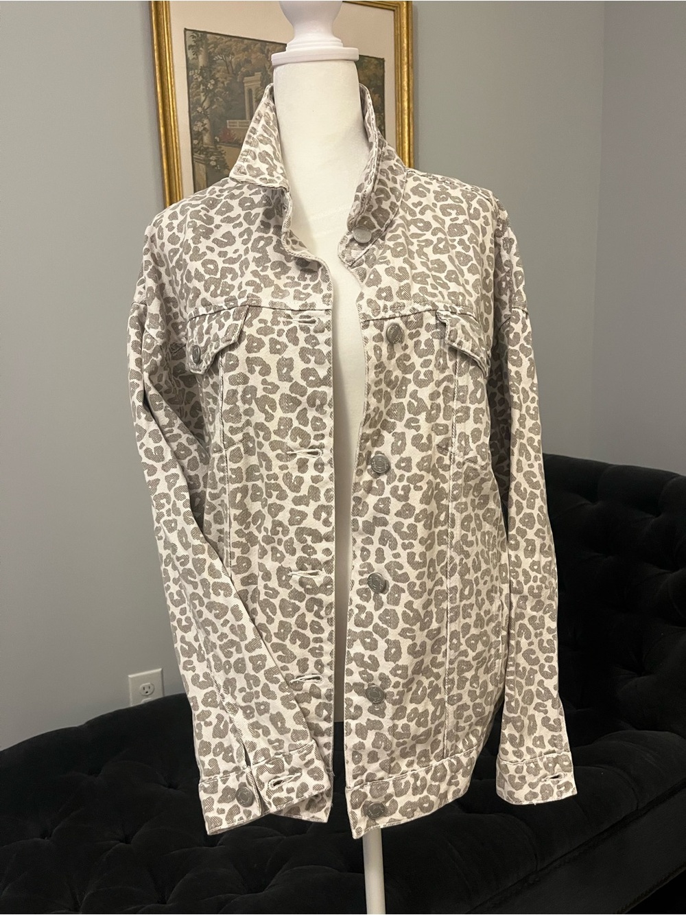 Mud Pie Greige and White Leopard Print Jean Jacket